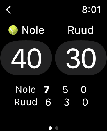 Tennis Score Mini live score screen on Apple Watch showing points, games, sets, and the current server.