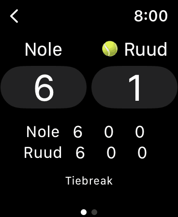 Tennis Score Mini tie-break screen on Apple Watch showing a 6-1 tie-break score at six games all.