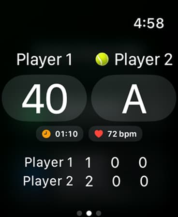 Tennis Score Mini live score with match duration and heart rate on Apple Watch.