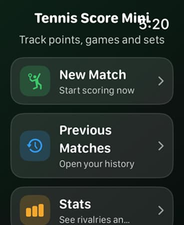 Tennis Score Mini main menu on Apple Watch with options for a new match, history, and stats.