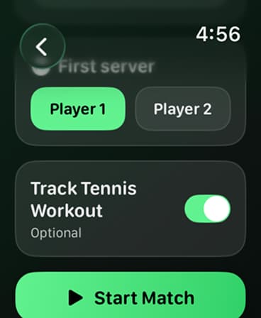 Tennis Score Mini match setup on Apple Watch with player selection and workout tracking.