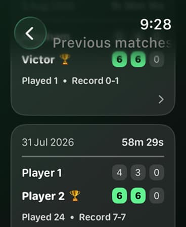 Tennis Score Mini player statistics on Apple Watch showing matches, wins, losses, and win rate.
